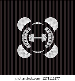 big dumbbell icon inside silver badge