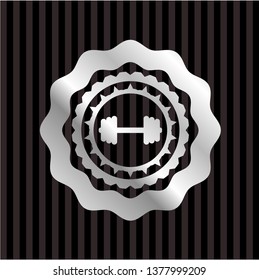 big dumbbell icon inside silver shiny badge