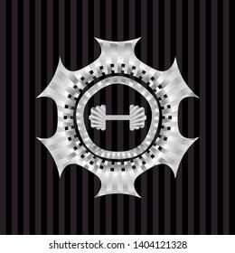 big dumbbell icon inside silver emblem or badge