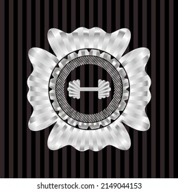 big dumbbell icon inside silver emblem. 