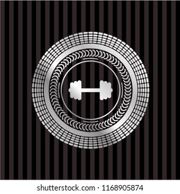 big dumbbell icon inside silvery shiny badge