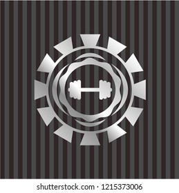 big dumbbell icon inside silvery emblem or badge