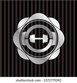 big dumbbell icon inside silvery shiny emblem