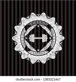 big dumbbell icon inside silvery emblem