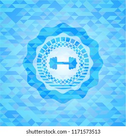 big dumbbell icon inside sky blue emblem. Mosaic background