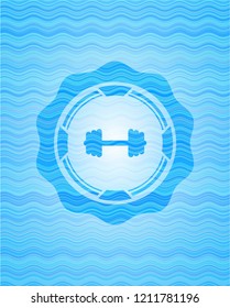 big dumbbell icon inside sky blue water badge.