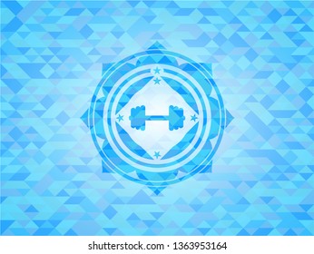 big dumbbell icon inside sky blue mosaic emblem