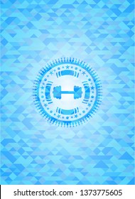 big dumbbell icon inside sky blue emblem with mosaic ecological style background