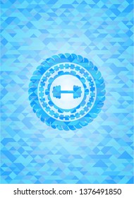 big dumbbell icon inside sky blue mosaic emblem