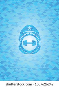 big dumbbell icon inside sky blue emblem with triangle mosaic background