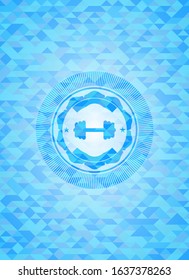 big dumbbell icon inside sky blue mosaic emblem