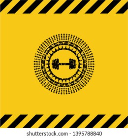 big dumbbell icon inside warning sign, black grunge emblem. Vector Illustration. Detailed.