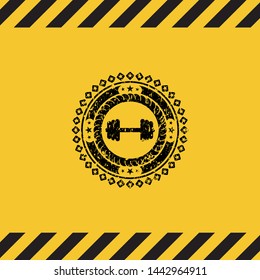big dumbbell icon inside warning sign, black grunge emblem. Vector Illustration. Detailed.