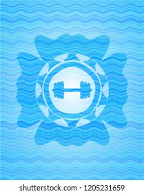 big dumbbell icon inside water wave emblem.