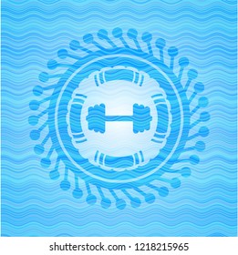 big dumbbell icon inside water wave representation badge background.