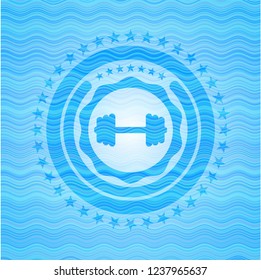 big dumbbell icon inside water wave representation style badge.