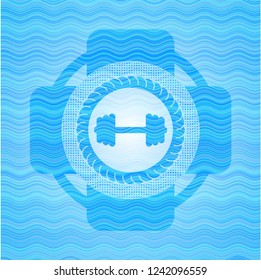 big dumbbell icon inside water representation badge background.