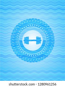 big dumbbell icon inside water wave concept emblem background.