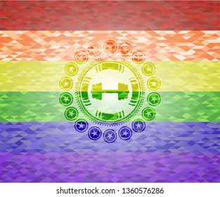 big dumbbell icon on mosaic background with the colors of the LGBT flag