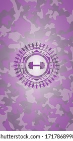 big dumbbell icon on pink and purple camo texture. 