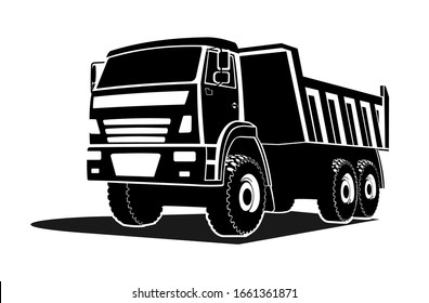 big dump truck silhouette, logo. Three quarter view.