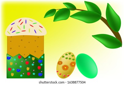 big Easter cake, with white fondant and multi-colored powder, two colored Easter eggs, a green branch