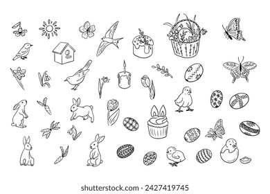 Big Easter doodle set in hand drawn contour style. Easter egg, easter bunny, chicks, flowers and birds on white background. Ideal for coloring pages, tattoo, pattern