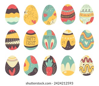 Big Easter egg collection designs. Easter holiday eggs hunt in colorful flat style with . Art deco decor. Stock vector illustrations clipart.