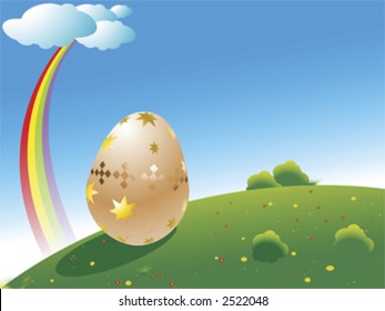 big easter egg on a green field, rainbow over the blue sky