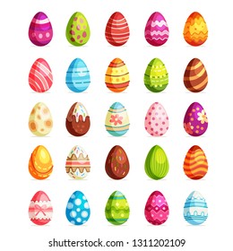 Big Easter realistic egg set of cartoon style isolated on white background. Vector illustration. Egg hunt Sunday. Flat Easter collection