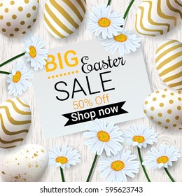 Big Easter Sale background with beautiful daisy flowers and golden decorated eggs. Vector template for wallpaper, flyers, invitation, posters, brochure, discount voucher, banner.