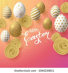 Big Easter Sale background with paper flowers and golden decorated eggs. Vector template for wallpaper, flyers, invitation, posters, brochure, discount voucher, banner.