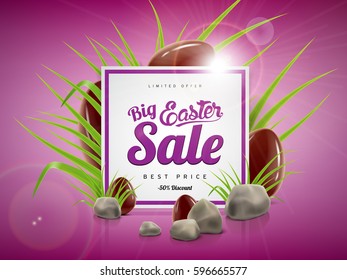 Big Easter sale banner background template with huge discount offer, green grass, stones and chocolate eggs. Vector illustration for your ad design and advertising needs.