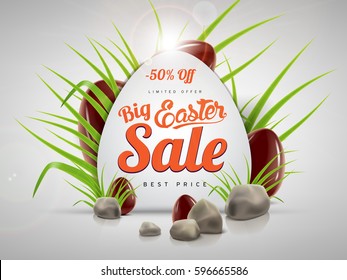 Big Easter sale egg-shaped banner background template with lettering, green grass, stones and chocolate eggs. Vector illustration for your ad design and advertising needs.