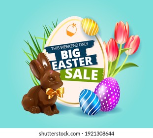 Big Easter Sale. Festive background design with realistic colorful eggs, easter chocolate bunny, rabbit with bow and easter eggs, tulips and grass. Blue Holiday web banner. 