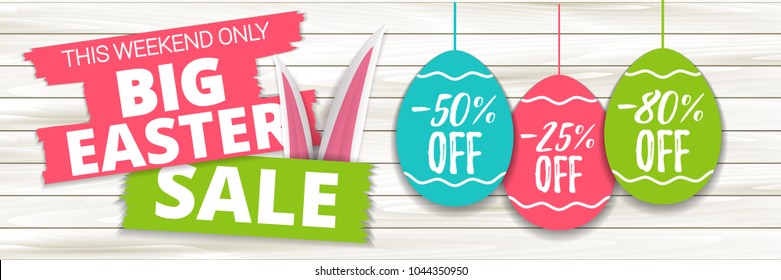 Big Easter sale offer, banner template. Colored easter egg price sticker and rabbit ear, isolated on wooden background. Easter paper eggs sale tag. Shop market poster design. Vector illustration. EPS