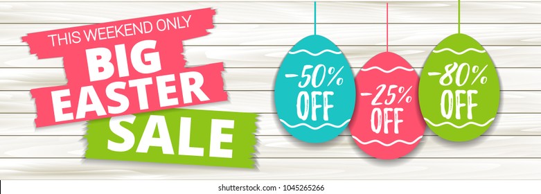 Big Easter sale offer, banner template. Colored Easter egg price sticker with lettering, isolated on wooden background. Easter paper eggs sale tag. Shop market web banner or poster design. Vector 