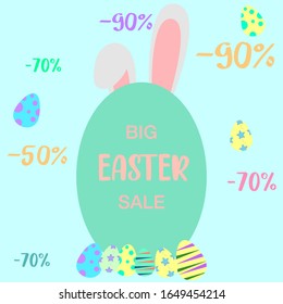 Big Easter sale offer, banner template.Shop market web banner design.Easter sale banner design template with colorful rabbit ears. Use for advertising, flyers, posters, brochure, voucher discounts.