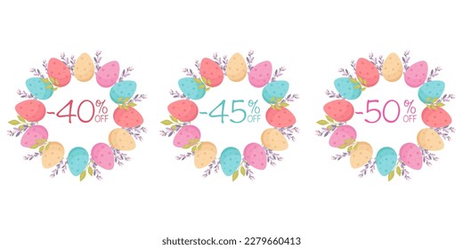 Gran oferta de venta de Pascua, plantilla de banner. Etiqueta de papel de Pascua para vender. Modelos de marco de la venta de Semana Santa de huevos y flores