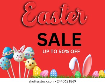 Big Easter sale offer, banner template up to 50% off. Shop market web banner or poster design. Vector