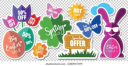 Big Easter SALE stickers wih Shadows - Offers collection with Spring elements, Flowers, Bunny, Eggs price tag special off.eps