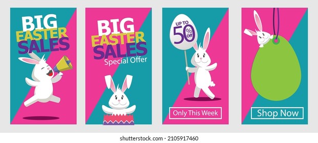 Big Easter Sale trendy template for social Media stories and posts. Bunny Easter character in different poses in a coloful banckground