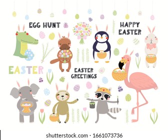 Big Easter set with cute animals, eggs, flowers, quotes. Isolated objects on white background. Hand drawn vector illustration. Scandinavian style flat design. Concept kids holiday print, card, invite.