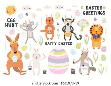 Big Easter set with cute animals, eggs, flowers, quotes. Isolated objects on white background. Hand drawn vector illustration. Scandinavian style flat design. Concept kids holiday print, card, invite.