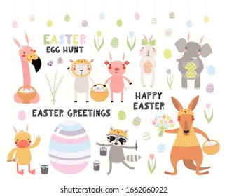 Big Easter set with cute animals, eggs, flowers, quotes. Isolated objects on white background. Hand drawn vector illustration. Scandinavian style flat design. Concept kids holiday print, card, invite.