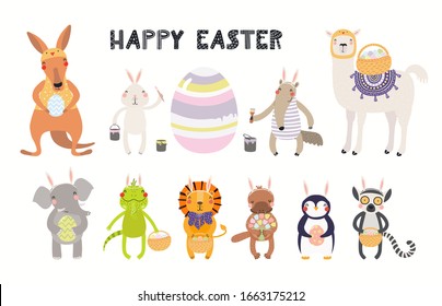 Big Easter set with cute animals, eggs, flowers. Isolated objects on white background. Hand drawn vector illustration. Scandinavian style flat design. Concept for kids holiday print, card, invite.