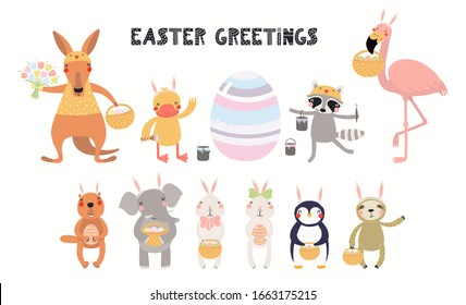 Big Easter set with cute animals, eggs, flowers. Isolated objects on white background. Hand drawn vector illustration. Scandinavian style flat design. Concept for kids holiday print, card, invite.