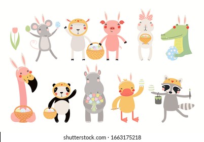 Big Easter set with cute animals, eggs, flowers. Isolated objects on white background. Hand drawn vector illustration. Scandinavian style flat design. Concept for children holiday print, card, invite.