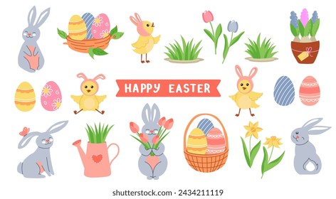 Big easter set of cute characters and holiday decor. Vector decoration collection: eggs, rabbit, basket, chick, spring grass. Spring garden flowers.