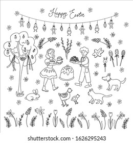 Big Easter set in doodle style. There are treats, decorations, flowers,  children, pets. Girl and boy wearing folk costumes. Tree decorated with ribbons. Garland with eggs, chicks and rabbits. 